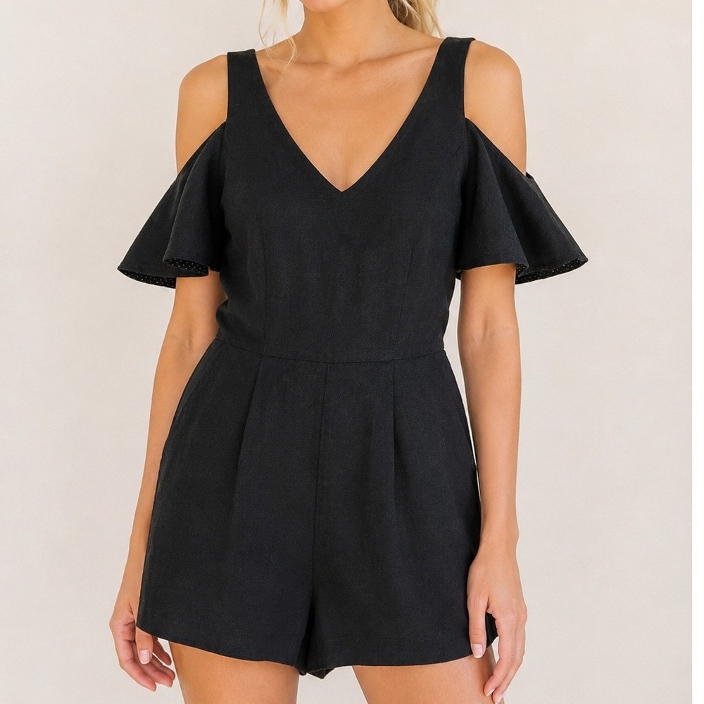 Elevenses Anthropologie Black Cold Shoulder Romper Polka Dot Lining Size 4